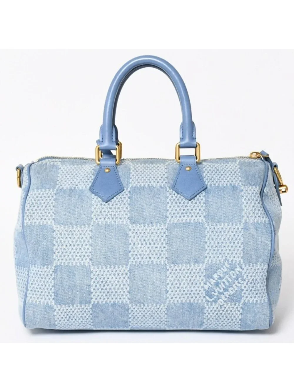 Louis Vuitton Speedy Bandouliere 30 Handbag Damier Denim 3D Cotton Blue Gold